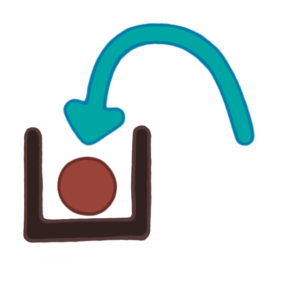 a dark brown box has a red circle in it, a blue arrow curves over the side of the box to point at the circle. 